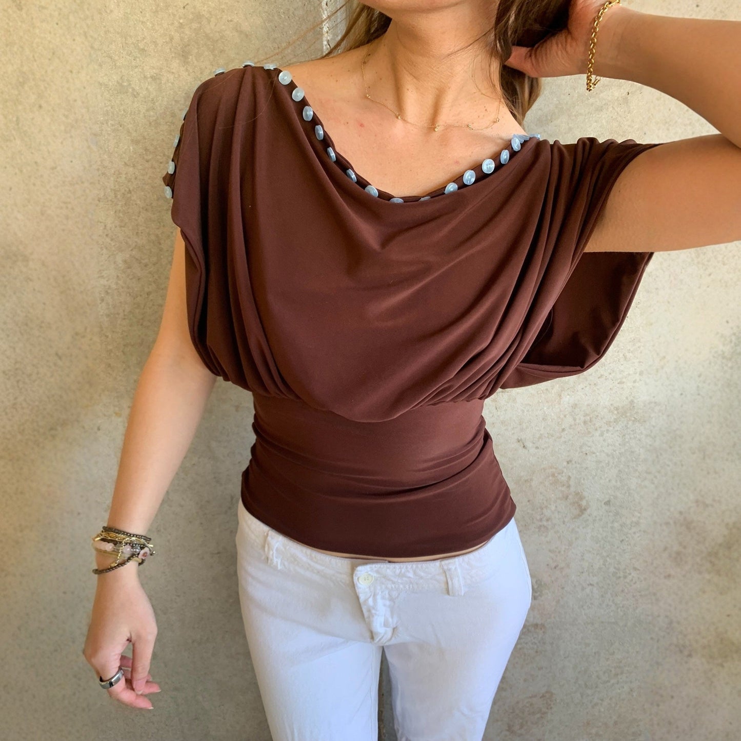 Spring law off-the-shoulder one-word collar design T-shirt top
