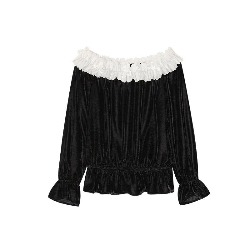 A one-shoulder velvet top with a string of shoulders spliced with fungus