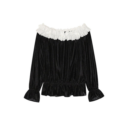 A one-shoulder velvet top with a string of shoulders spliced with fungus