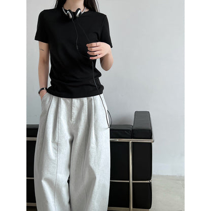 Simple solid color shoulder short-sleeved T-shirt
