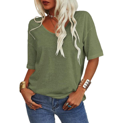 V-Neck Short Sleeve T-Shirt Women Loose Fit Casual Cotton Top