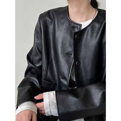 Crew neck Korean single-breasted short leather jacket for women