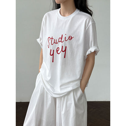 Letter print crew neck T-shirt women's summer new Korean simple commuter versatile short-sleeved top