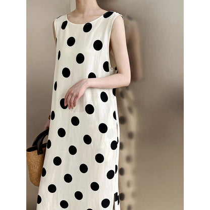 Flax material~ Design scheming backless drawstring polka dot dress Korean sleeveless vest skirt