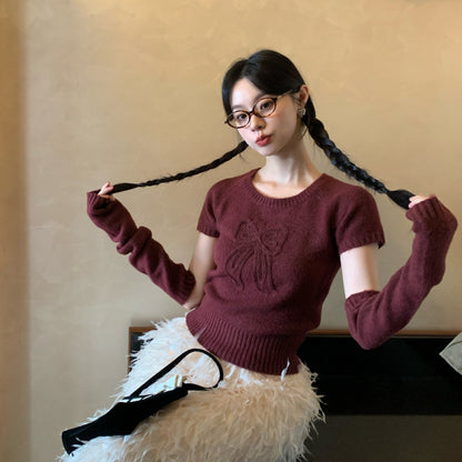Sweet age-reducing embroidered bow sleeve sweater