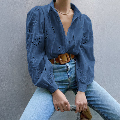 Lapel Long Sleeve Cardigan Women Regular Fit Puff Sleeve Hollow Blouse