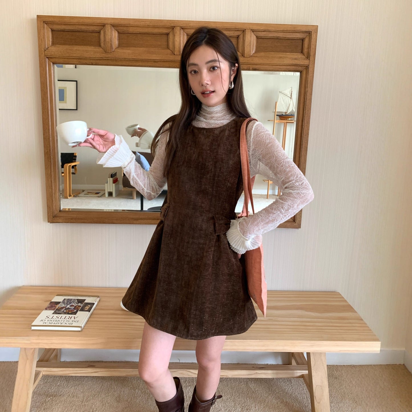 Sweet vintage velvet double bow waist vest dress