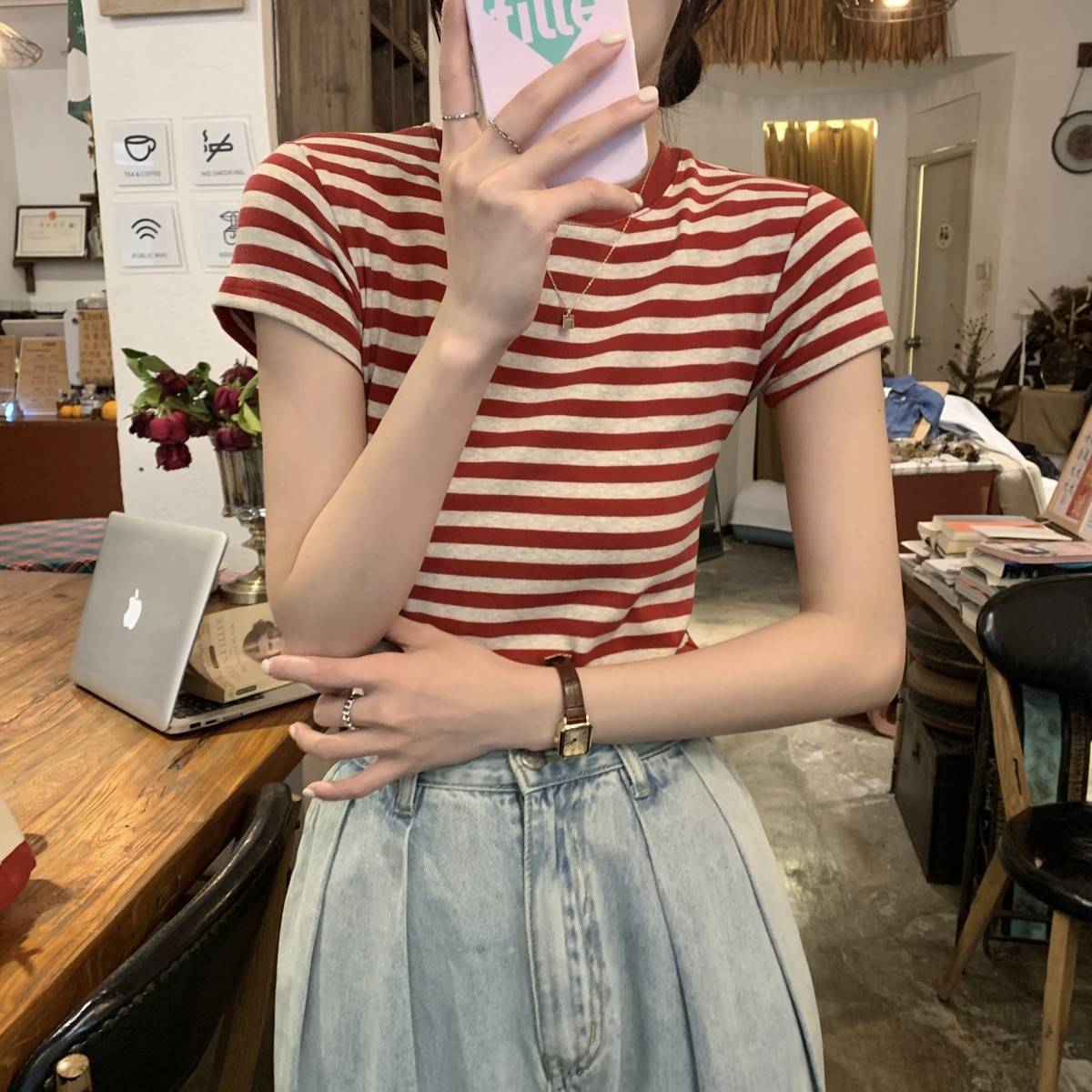 American Vintage Striped Short Sleeve Slim T-Shirt