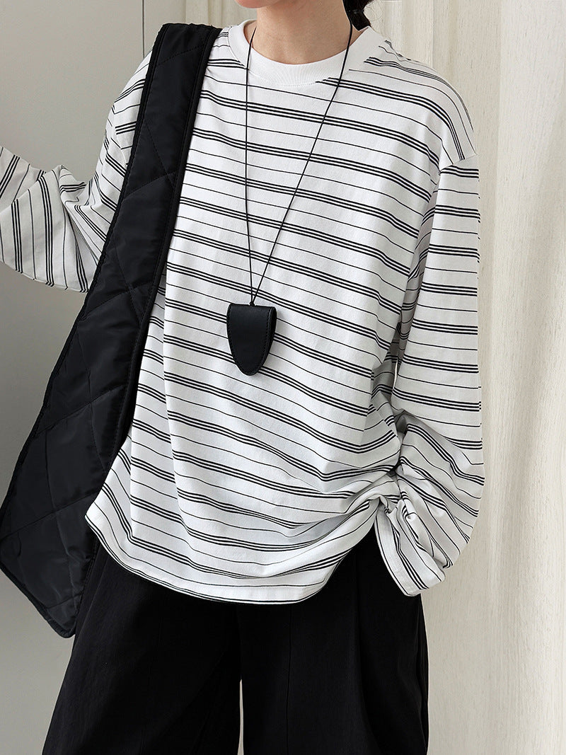 Retro contrasting stripes loose simple long-sleeved T-shirt women's autumn new crew neck bottoming shirt top