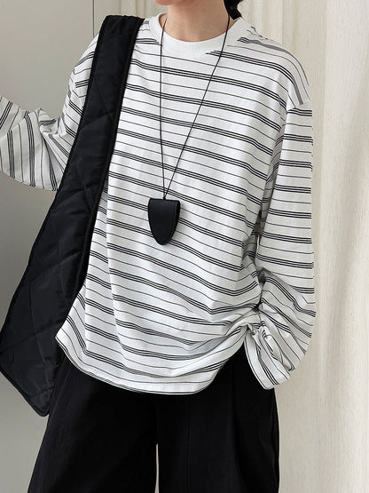 Retro contrasting stripes loose simple long-sleeved T-shirt women's autumn new crew neck bottoming shirt top