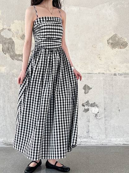 French high-end plaid tube top suspender dress women's spring off-the-shoulder pleated waist a-word long dress
