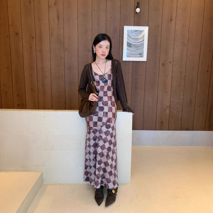 Skinny temperament checkerboard long suspender dress