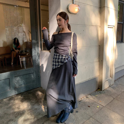 Temperament French careful machine diagonal neck off-the-shoulder top skirt set