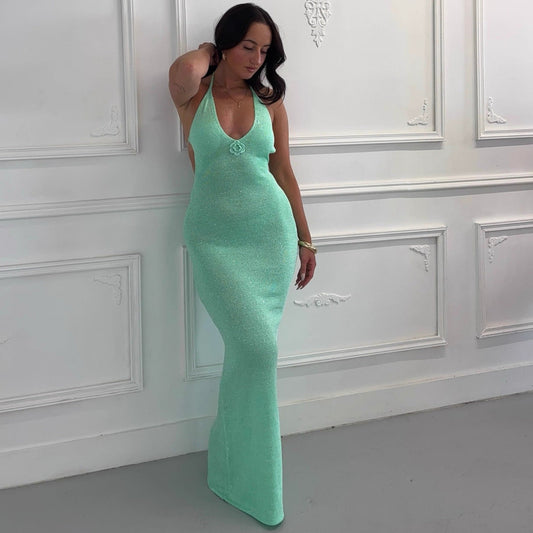 Women's New Fashion Sexy Spice Girl Beauty Back Suspender Dress Flower Slim Knitted Dress