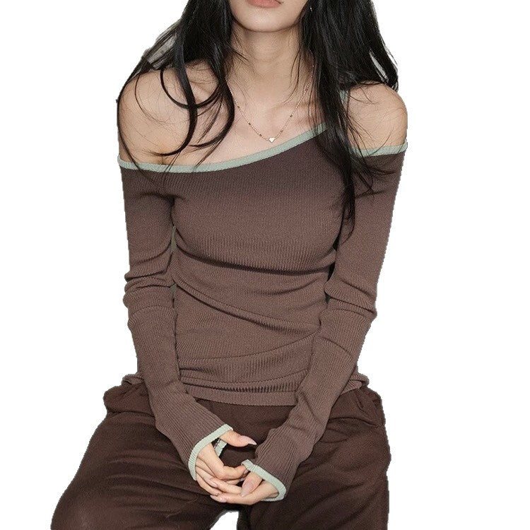 Off-Shoulder T-Shirt Women Sleeveless Round Neck Chest Pad Top