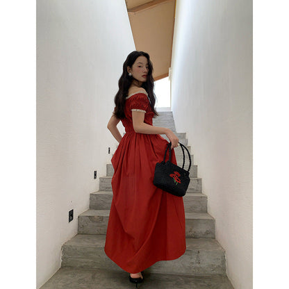 Women's Off-Shoulder Square Collar High-Waist Pleated A-Line Maxi Dress