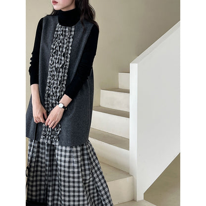 Japanese plaid fungus edge fishtail dress autumn and winter temperament petal woolen vest skirt