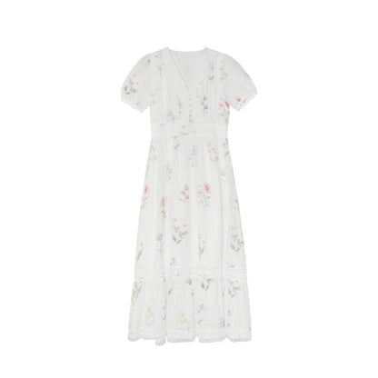 Gentle high-waisted V-neck floral cotton and linen puff sleeve dress