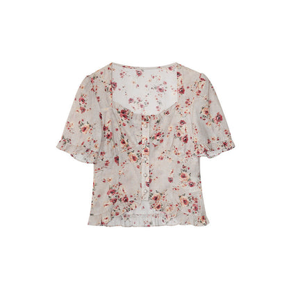 Floral shirt retro cotton and linen slim-fitting short-sleeved square neck top
