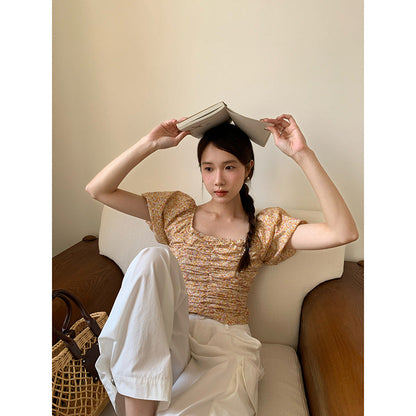 Floral Bubble Sleeve Crop Top