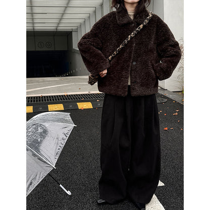 Korean lapel fur lambswool coat women's winter new warm plush eco-friendly fur top