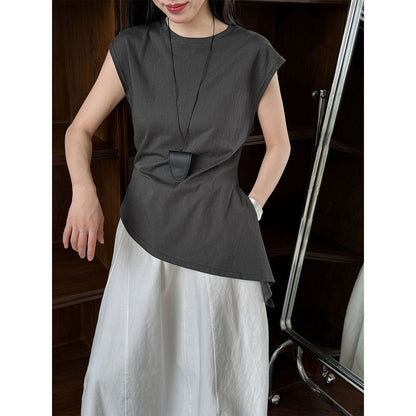 Korean version of simple slim-fitting lace-up short-sleeved women's summer new waist irregular hem T-shirt top