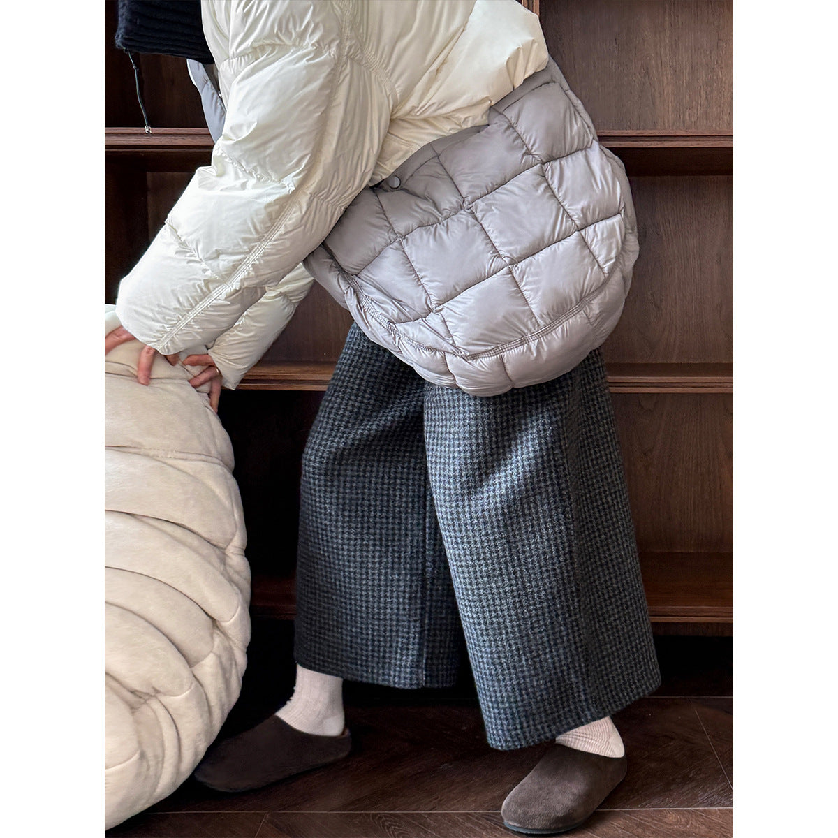 80% wool cropped wide-leg pants for women, vintage plaid wool blend ankle-length trousers, thickened suit pants for winter