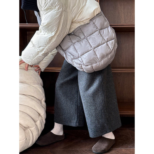 80% wool cropped wide-leg pants for women, vintage plaid wool blend ankle-length trousers, thickened suit pants for winter