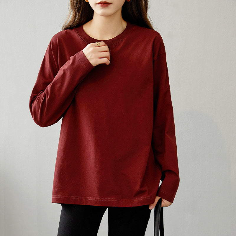 Pure Cotton Long Sleeve T-Shirt Women Round Neck Base Layer Casual Top