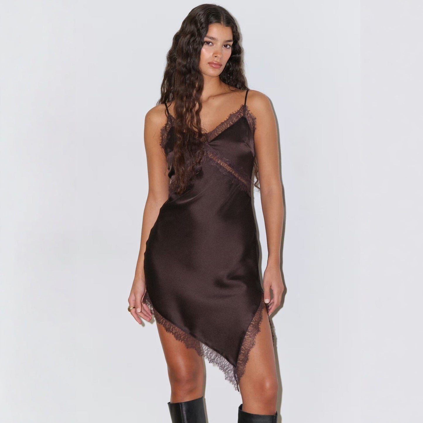 Fashion Satin Lace Asymmetrical Split Suspender Skirt
