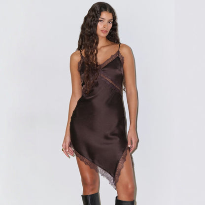 Fashion Satin Lace Asymmetrical Split Suspender Skirt