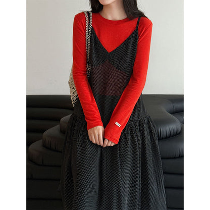 Retro polka dot perspective stacked vest skirt women's 26 early spring new niche lazy wind suspender skirt