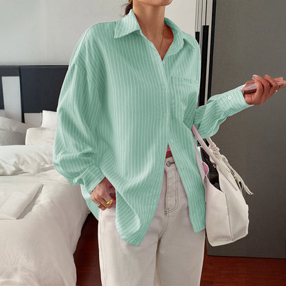 Striped Long Sleeve Blouse Women Loose Fit Round Neck Button-Up Shirt
