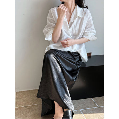 French drape satin simple drawstring skirt women's new loose and versatile medium and long A-version skirt