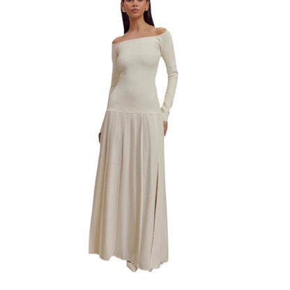 Sexy off-the-shoulder long-sleeved split pleated skirt splicing one-word shoulder European and American dress