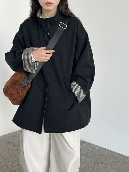Plaid splicing stand-up collar British style medium and long trench coat women's autumn new silhouette loose coat