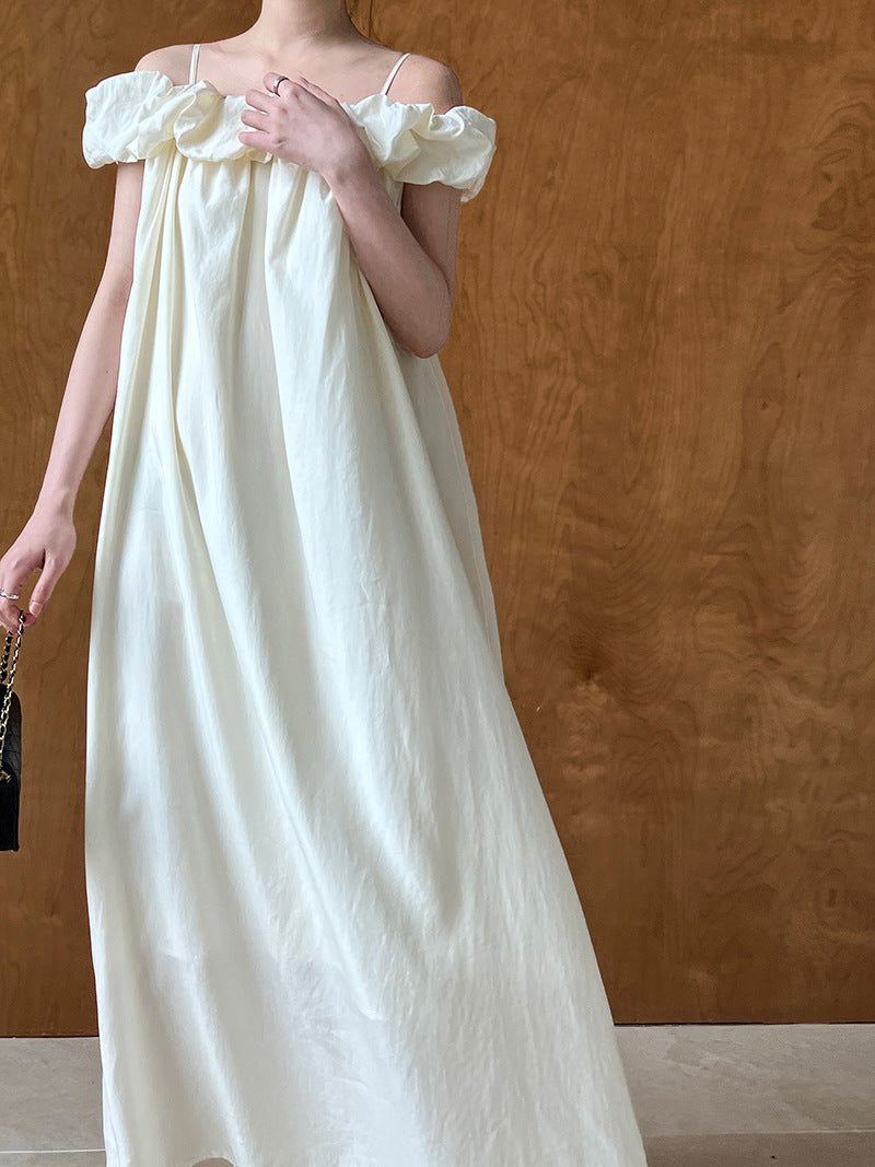 Tencel fabric one-word shoulder tube top dress Korean high-end ruffle edge suspender vest skirt