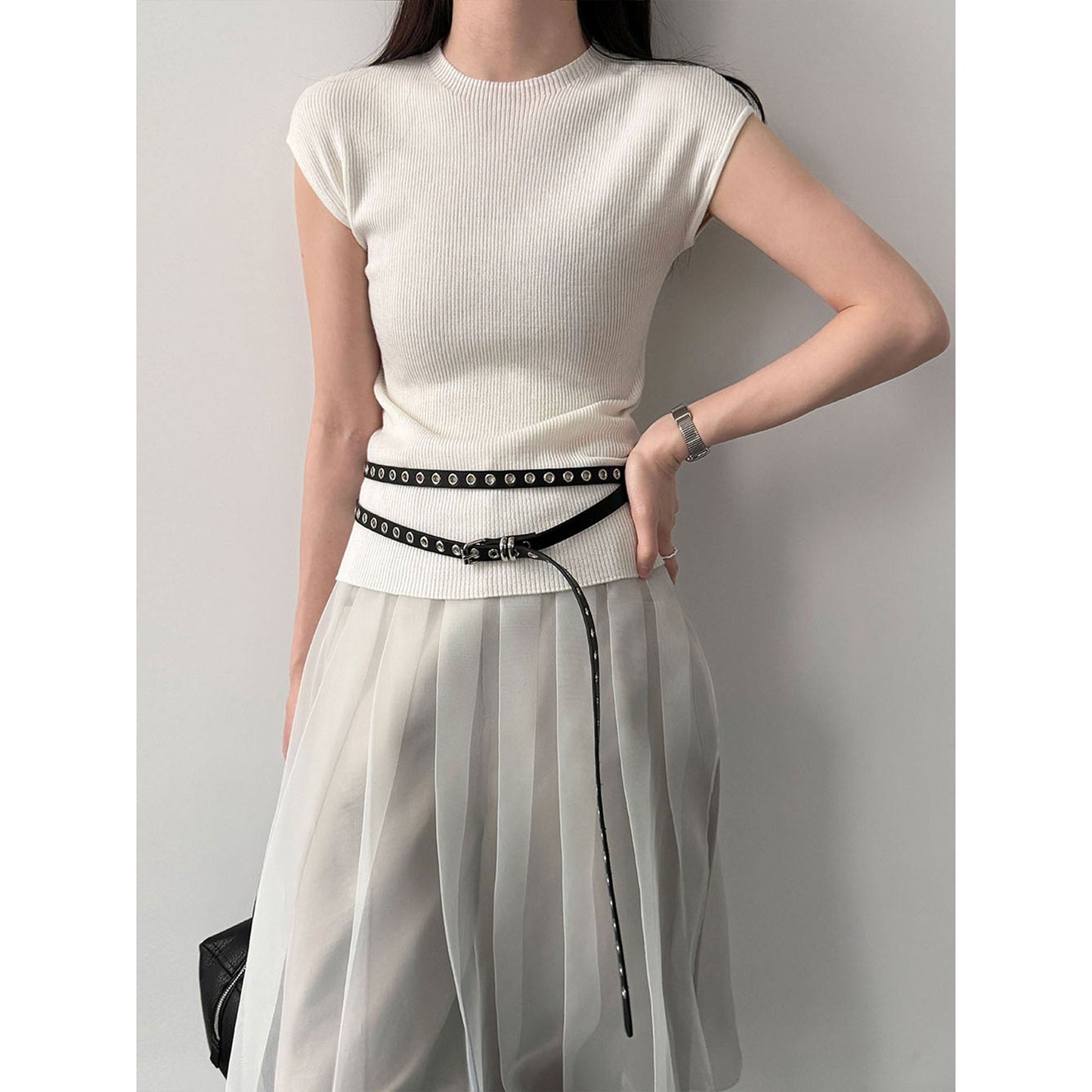 Simple slim temperament flying sleeves wool knitted top women's 26 spring new versatile T-shirt