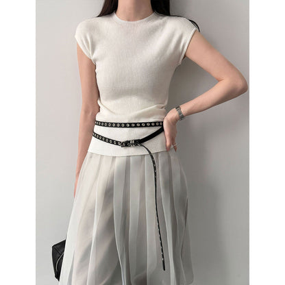 Simple slim temperament flying sleeves wool knitted top women's 26 spring new versatile T-shirt
