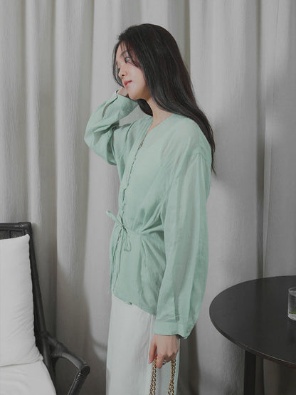 Tencel ramie light V-neck sunscreen shirt