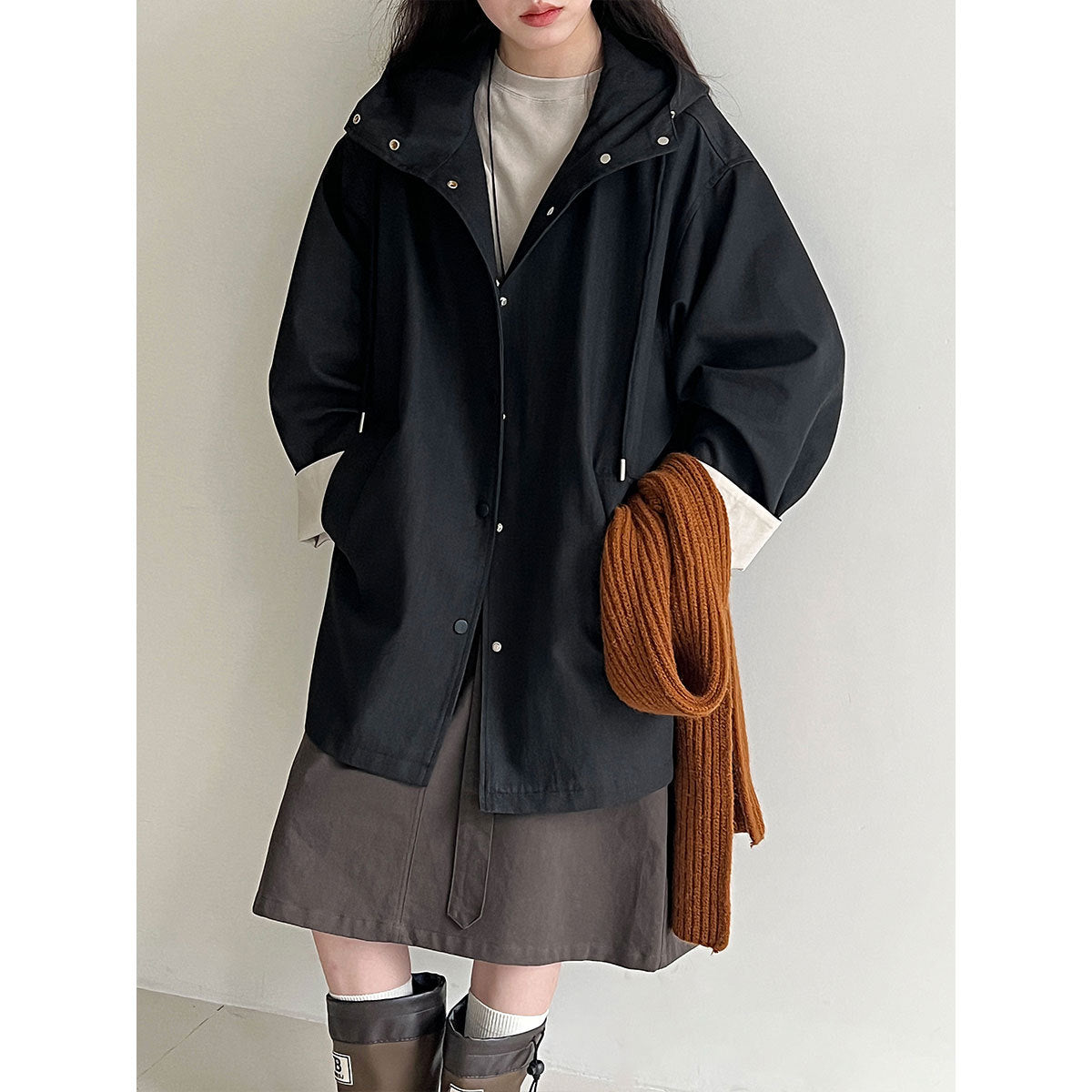 Korean simple contrasting color splicing cuffs casual autumn new hooded loose trench coat