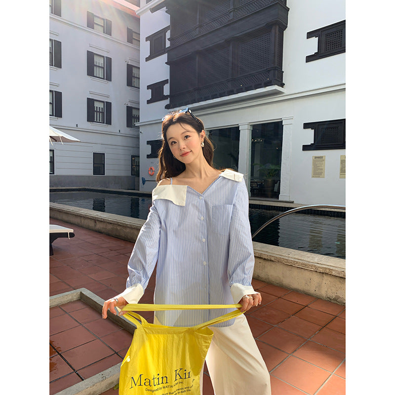 Age-reducing temperament design off-the-shoulder striped shirt