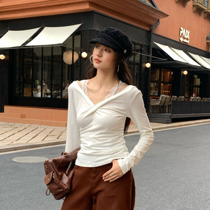V-Neck Long Sleeve Lace Shoulder Strap Off-Shoulder Top