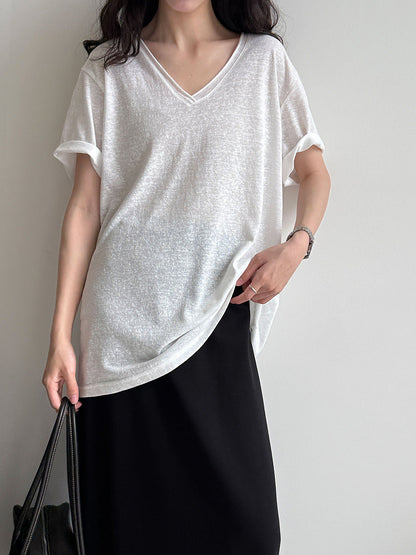 Relaxed fit snowflake texture rolled hem v-neck short sleeve women's summer new loose basic t-shirt top