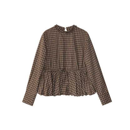 Autumn retro plaid waist design long-sleeved fungus edge stand-up collar shirt