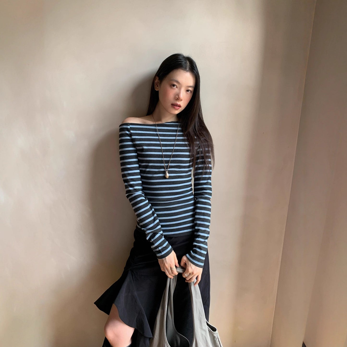 Long Sleeve Slash Shoulder Neck Striped T-Shirt Top