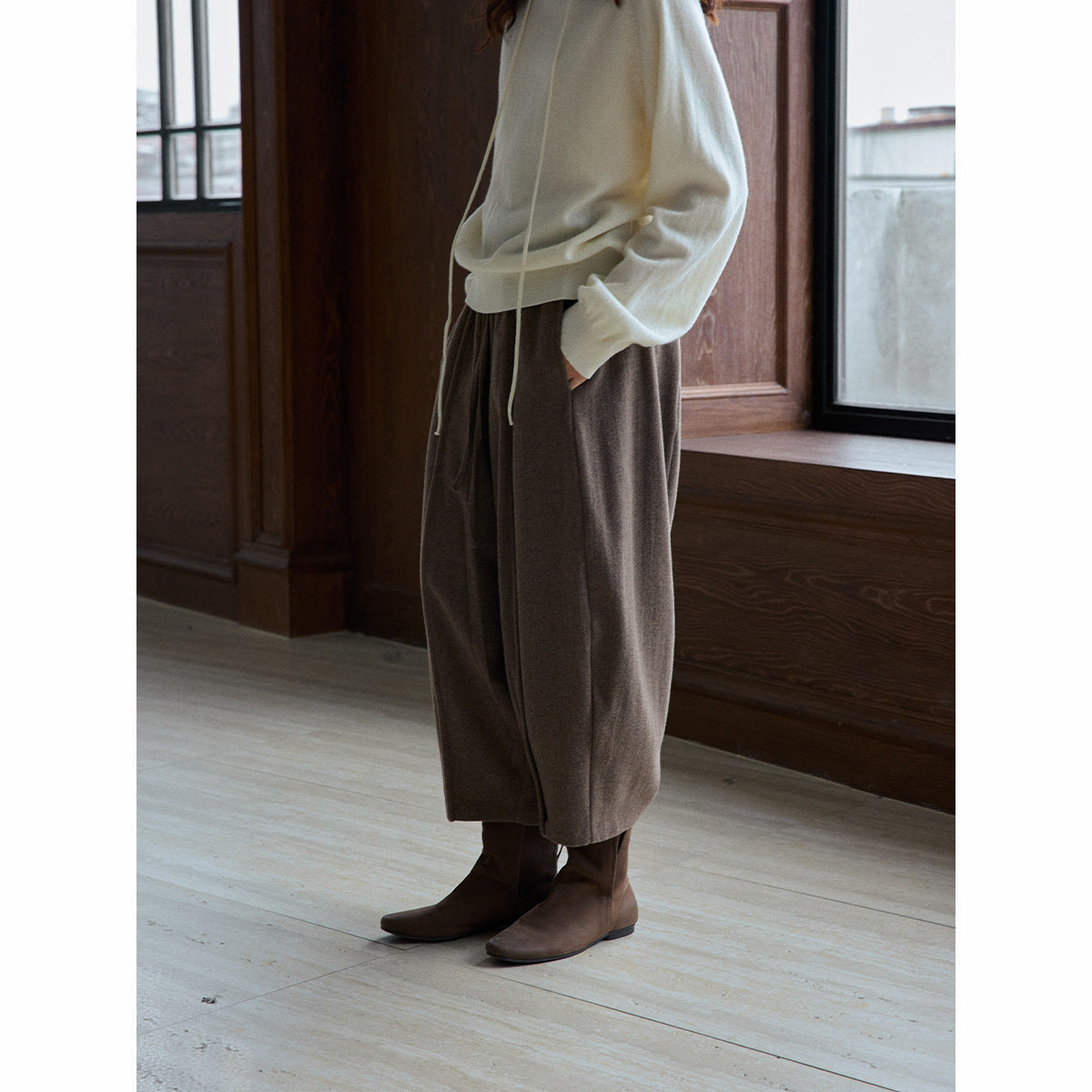 Wool Moisture Warm Rubber Band Contrast Color Elastic Waist Loose Skinny Balloon Casual Pants