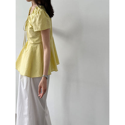 French retro V-neck pleated lace-up shirt short-sleeved women's summer new waist T-shirt top shirt