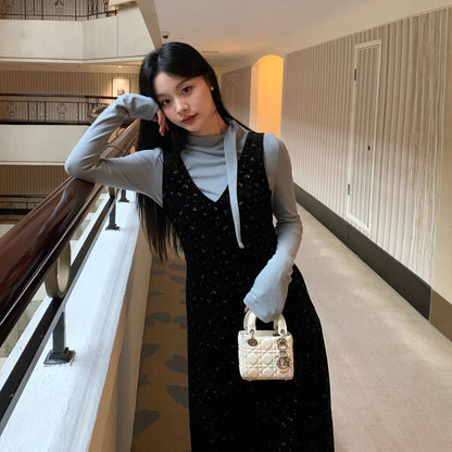 Floral waist-cinching temperament V-neck sleeveless velvet dress