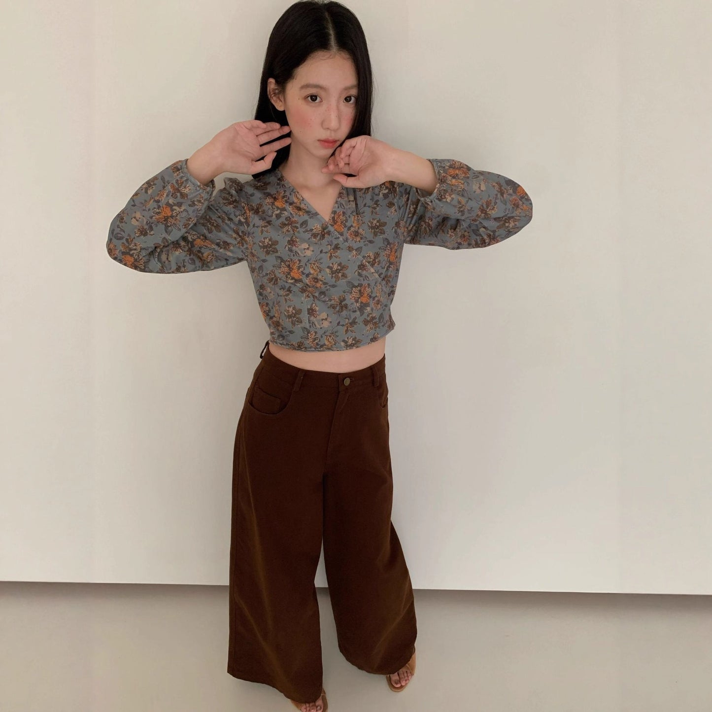 Floral shirt women's long-sleeved slim-fitting v-neck one-piece shirt